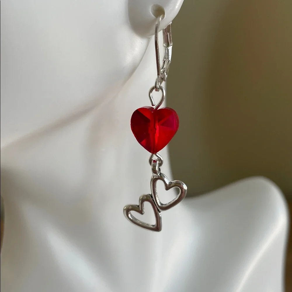 HAND CRAFTED RED CRYSTAL & DOUBLE HEART DROP EARRINGS Faceted Red Crystal Hearts